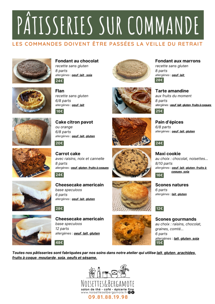 patisseries sur commande - Noisettes et Bergamote - Salon de thé Pouliguen